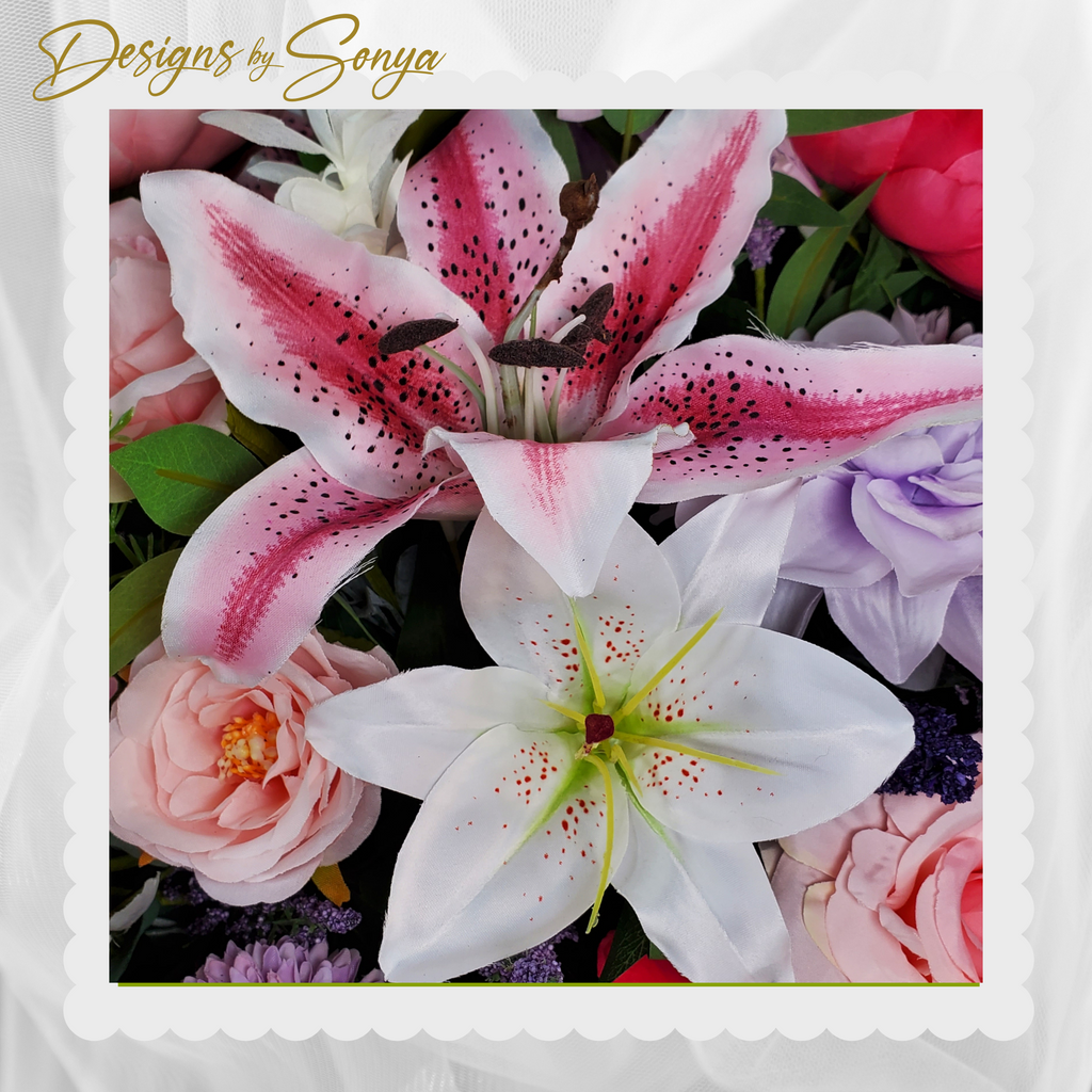 Lifelike Memorial Service Casket Spray to Cemetery Headstone Saddle - Premium Silk Flowers - Roses, Orchids, Lillies, Peonies, Hydrangeas