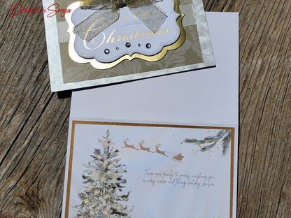 LIMITED EDITION | Elegant Handmade Merry Christmas Card | Luxury Holiday Greeting Gold Accents, Sheer Ribbon Bow, Rhinestones, Unique Design