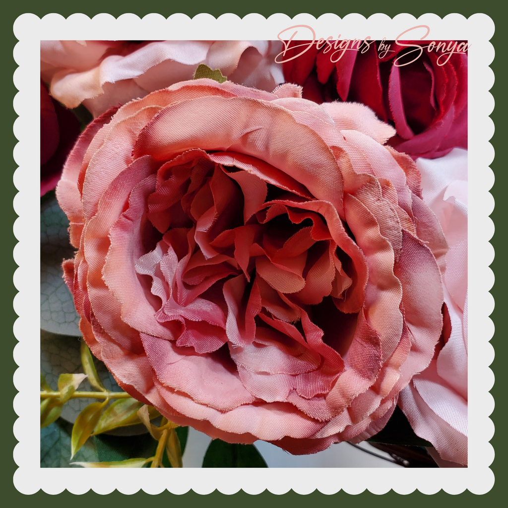 Grapevine Front Door Wreath - Country Rustic Porch, Memorial Service Handcrafted with Roses, Camellias, Dahlias, Greenery