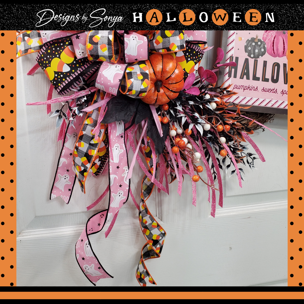 Whimsical Halloween Door Grapevine Wreath | Fun Ghost & Pumpkin Decor | Front Door Wreath | Spooky Entryway Decoration | Pink Door Hanger