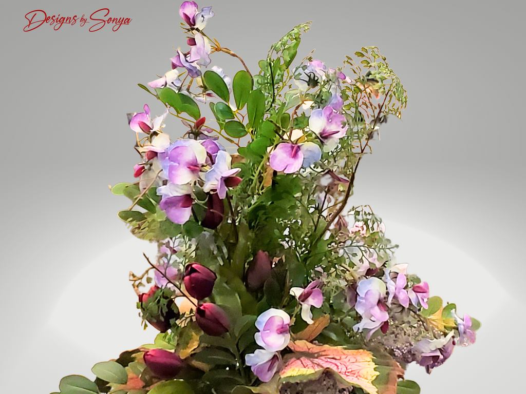 Lifelike | Exquisite | Asymmetrical | Large Flower Arrangement | Magenta Tulips, Pink Magnolias, Purple Sweet Peas | Unique Mothers Day Gift