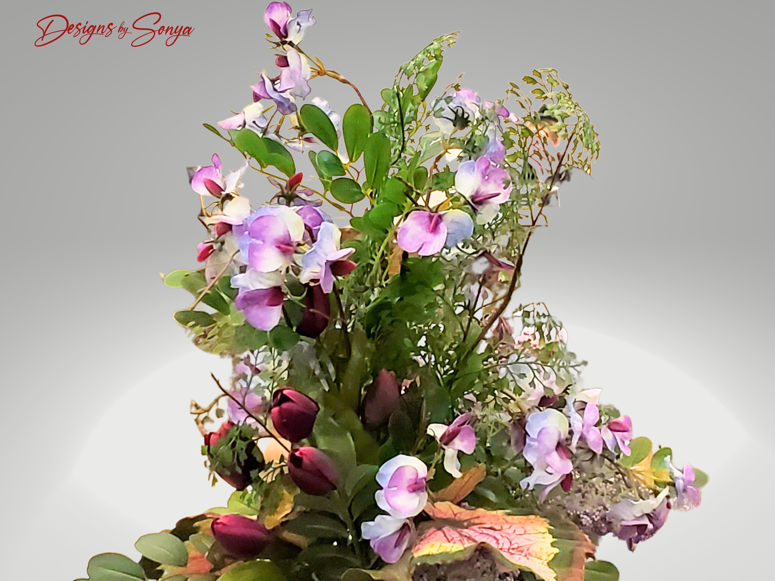 Lifelike | Exquisite | Asymmetrical | Large Flower Arrangement | Magenta Tulips, Pink Magnolias, Purple Sweet Peas | Unique Mothers Day Gift