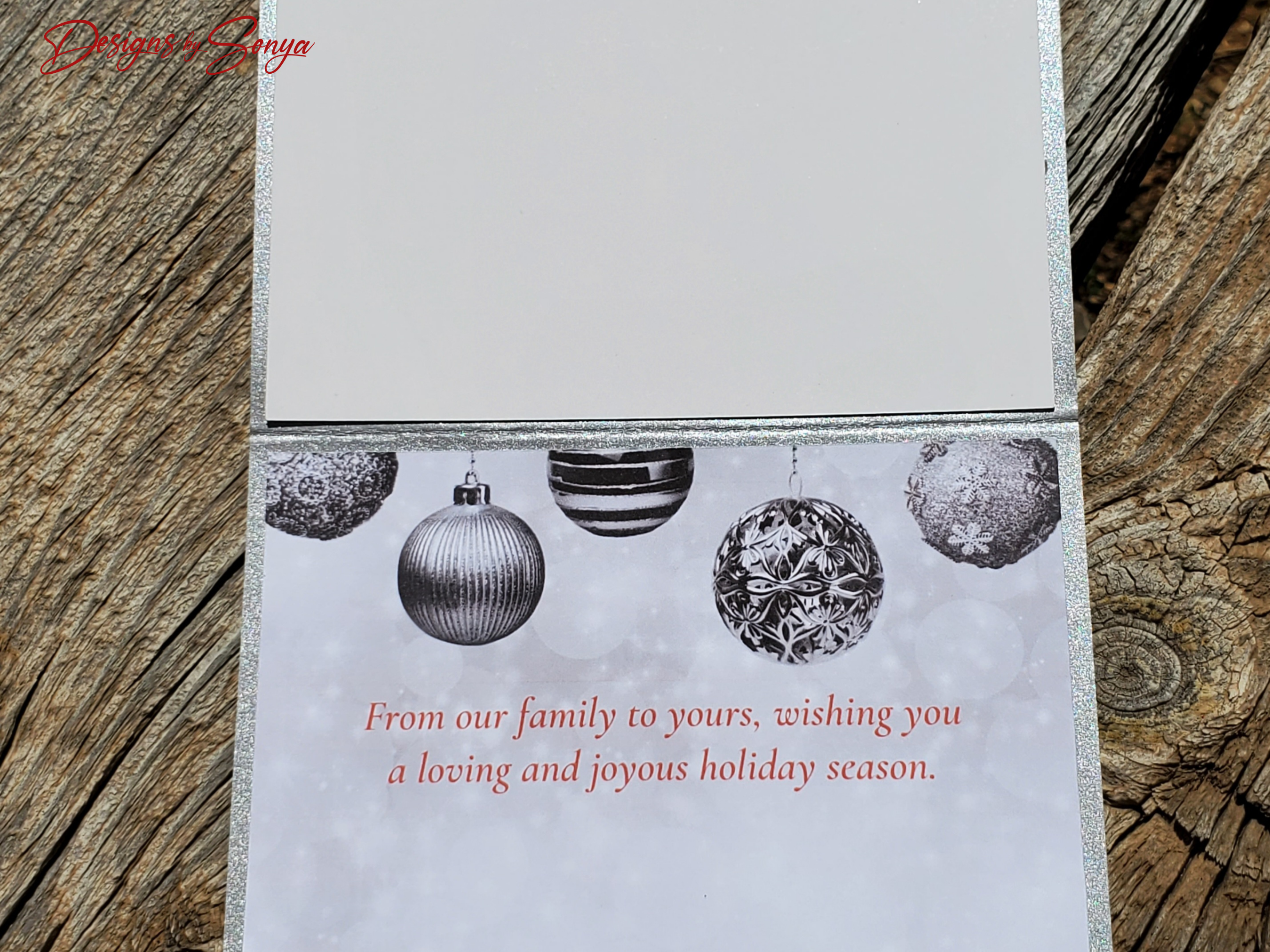 Silver Glitter Merry Christmas Card – Handmade A2 Holiday Greeting with Laser-Cut Ornaments & Printed Message