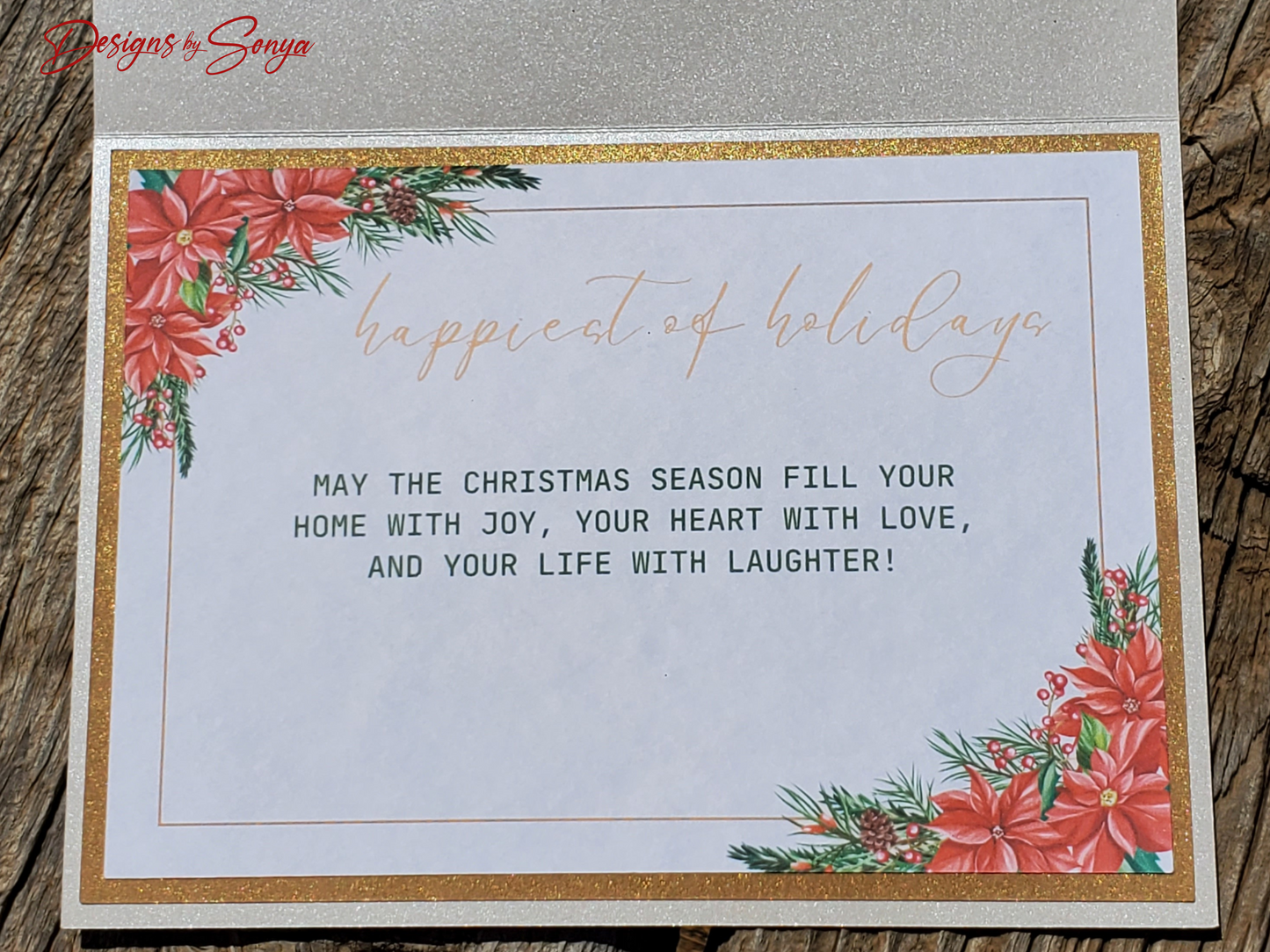 LIMITED EDITION | Festive Red & Gold Shimmering | 5" x7" Happy Holidays | 3D Layered Christmas Card Greetings | Gold Bow | Custom Designed