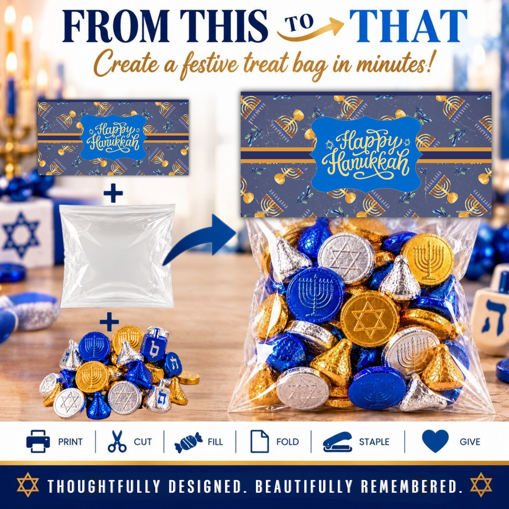 Printable Hanukkah Treat Bag Topper | Happy Hanukkah Candy Bag Topper | Navy Blue & Gold Menorah Pattern | Jewish Holiday Party Favor | 4" x 2" PDF Download