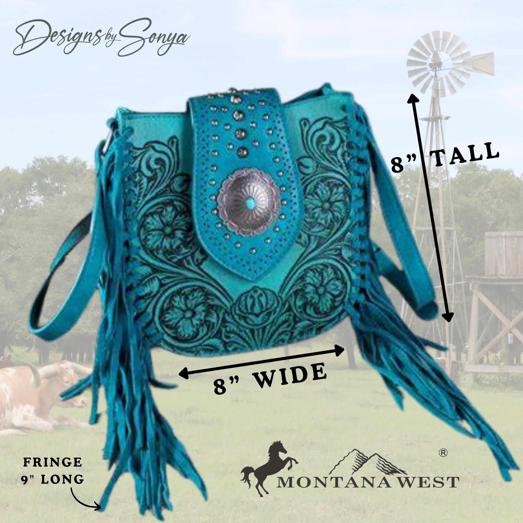 Montana West Turquoise Hand-Tooled Floral Crossbody Fringe Purse with Concealed Carry | Turquoise | MW1249-8360TQ