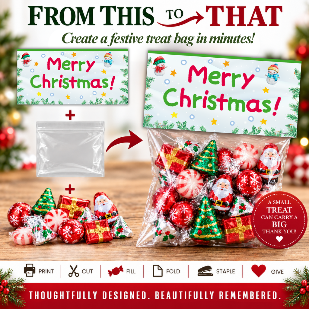Printable Christmas Treat Bag Topper Collection | 4 Santa & Snowman Holiday Designs | Christmas Candy Bag Toppers for Classroom Parties | 4" x 2" PDF Download