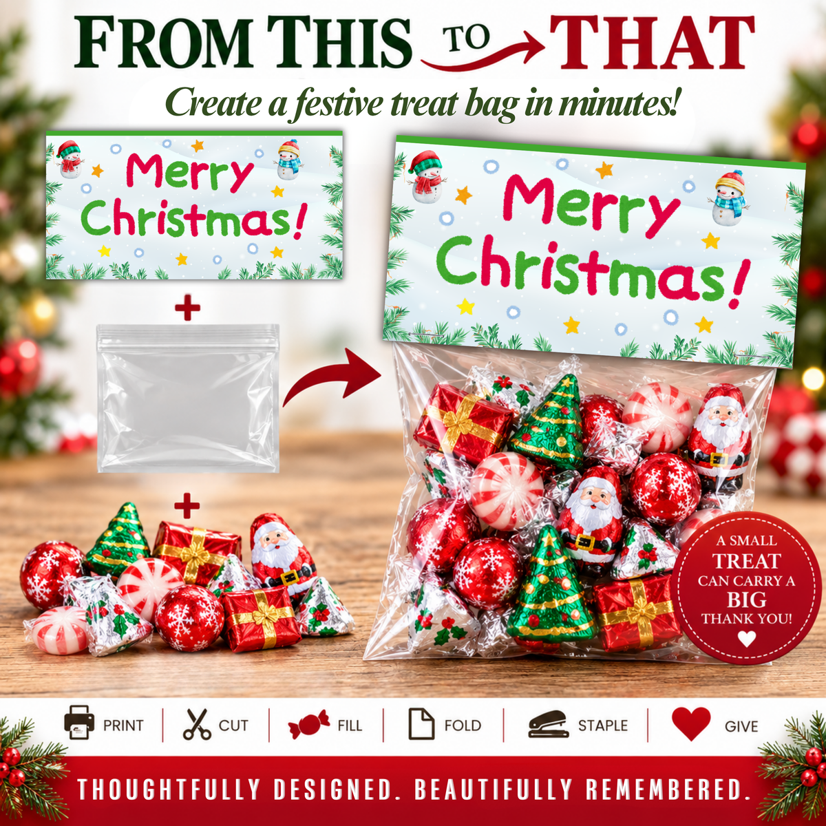 Printable Christmas Treat Bag Topper Collection | 4 Santa & Snowman Holiday Designs | Christmas Candy Bag Toppers for Classroom Parties | 4" x 2" PDF Download