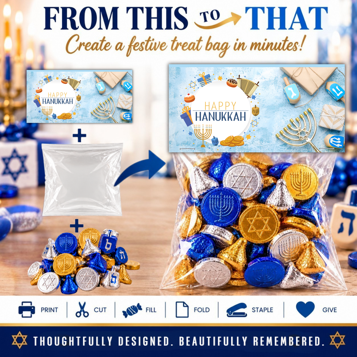 Printable Hanukkah Treat Bag Topper | Happy Hanukkah Candy Bag Topper | Menorah, Dreidels & Gifts | Jewish Holiday Party Favor | 4" x 2" PDF