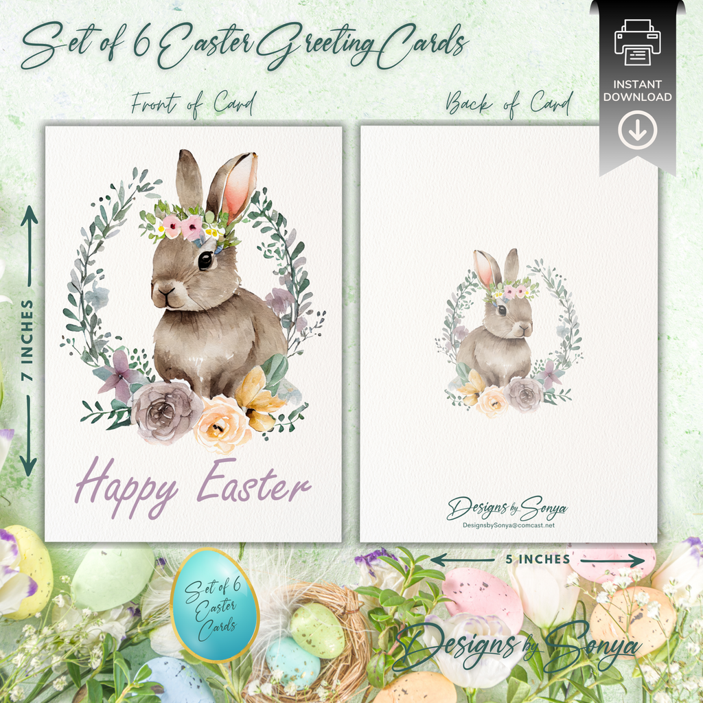 Elegant Custom Designed Set of 6 Printable 5 x 7 inch Happy Easter Greeting Cards - Floral Designs with an Adorable Rabbit -Instant Download