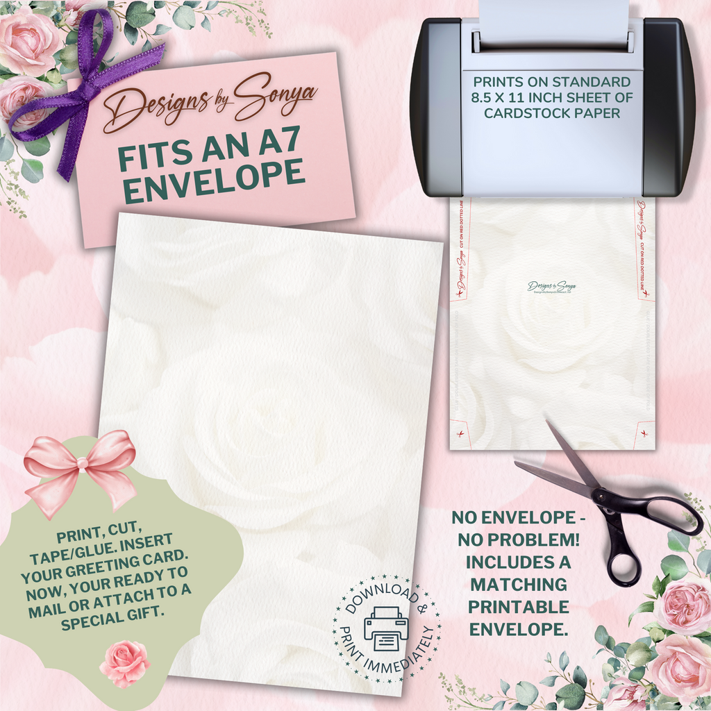 Pink Roses Mother's Day | Custom Designed | 5 x 7 Printable Greeting Card | Matching Envelope Included | Instant Download | Print from Home