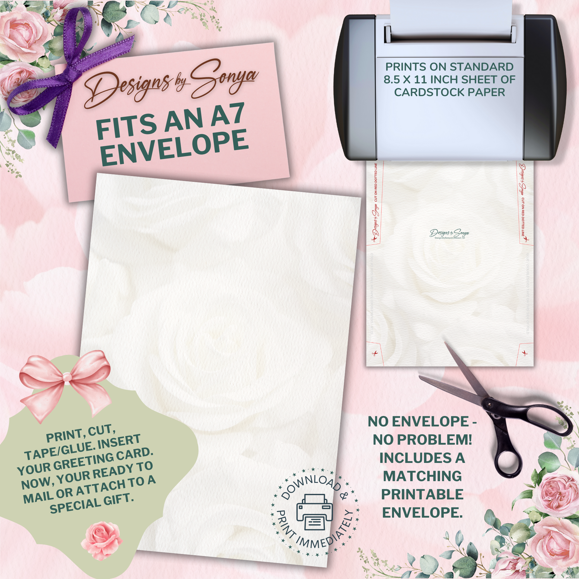 Pink Roses Mother's Day | Custom Designed | 5 x 7 Printable Greeting Card | Matching Envelope Included | Instant Download | Print from Home