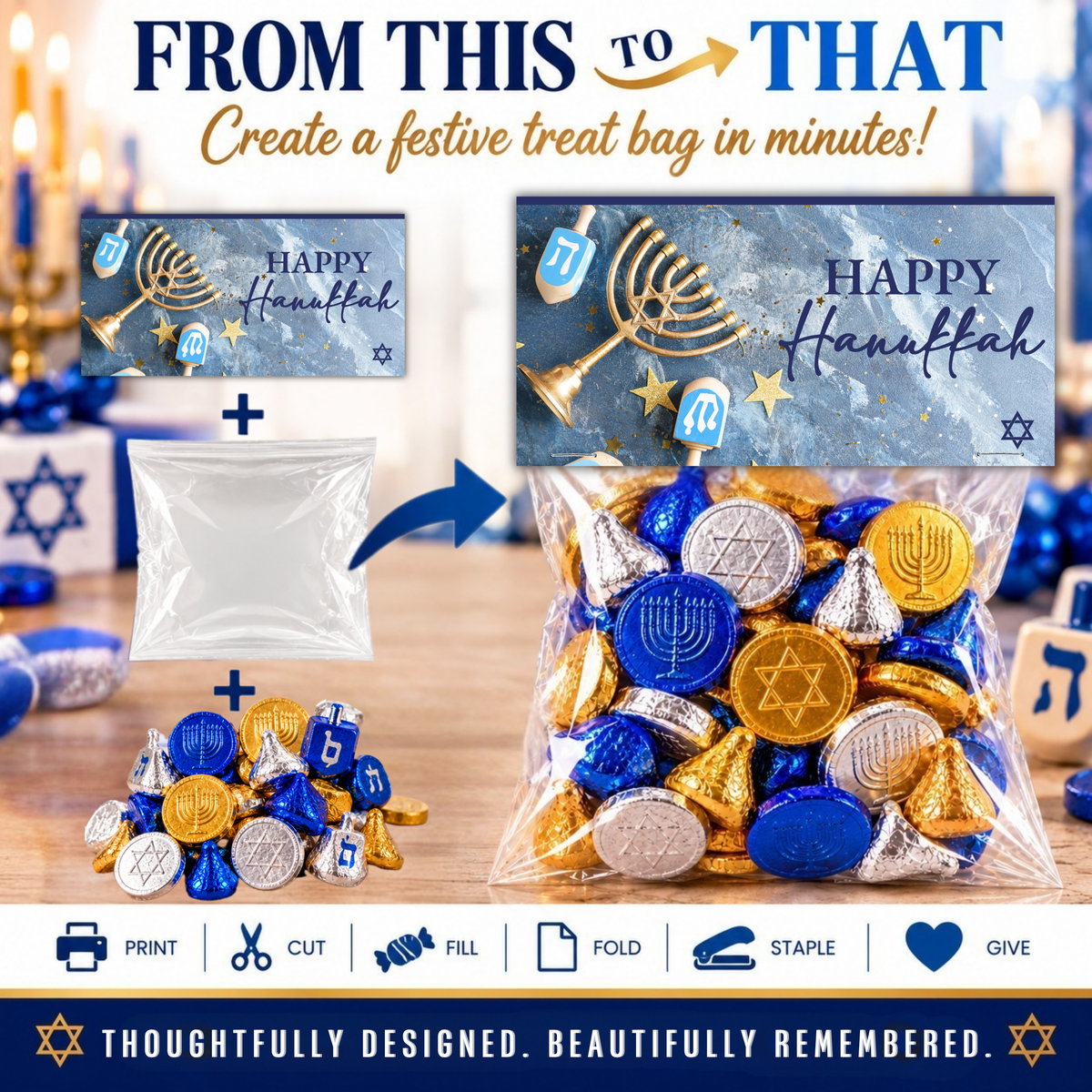 Printable Hanukkah Treat Bag Topper Collection | 4 Different Designs | Menorah & Dreidel Candy Bag Toppers | Jewish Holiday Party Favors | 4" x 2" PDF Download