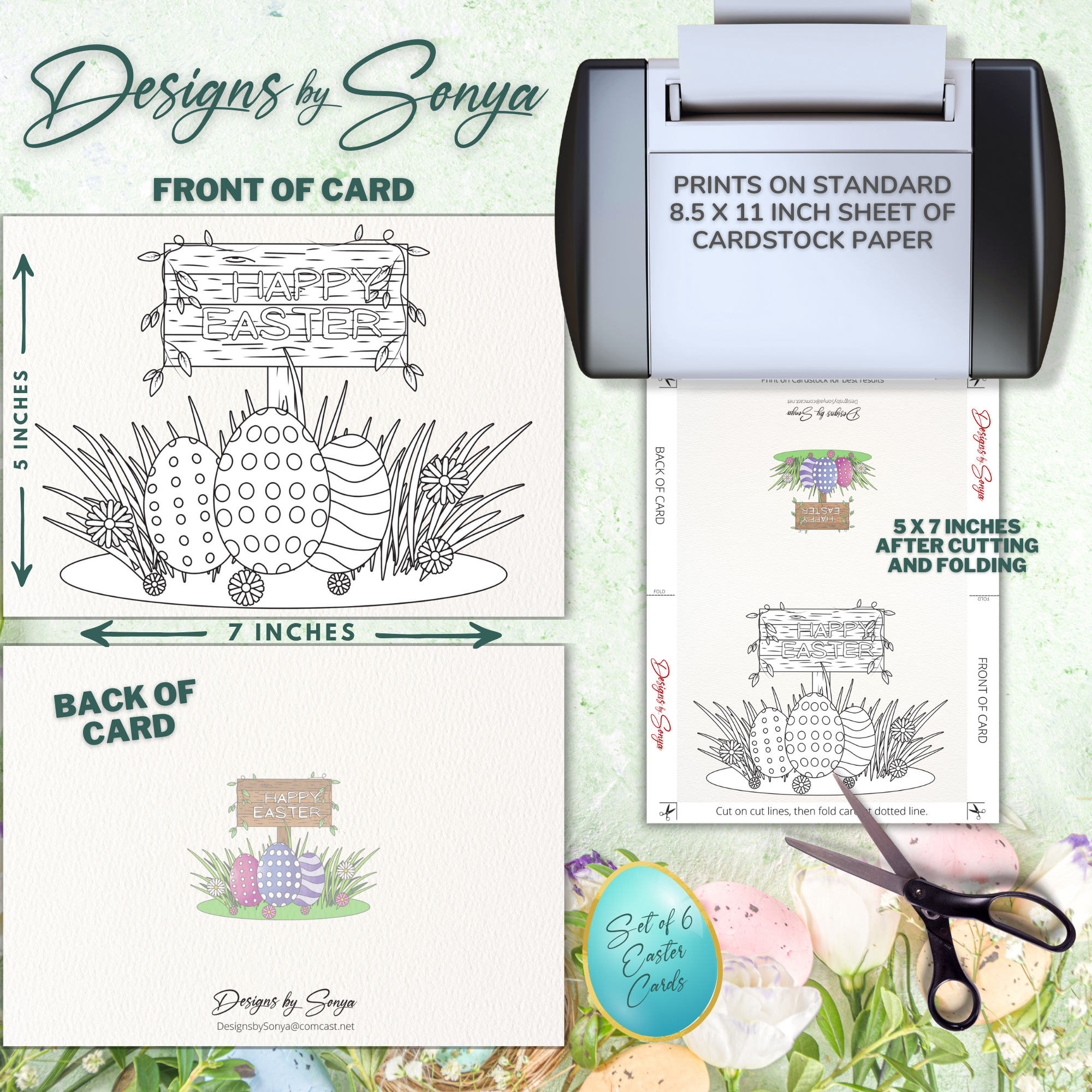 Set of 6 Custom Designed 5 x 7 Printable Happy Easter DIY Kid Coloring Greeting Card Classroom Activity - Instant Download - Print at Home