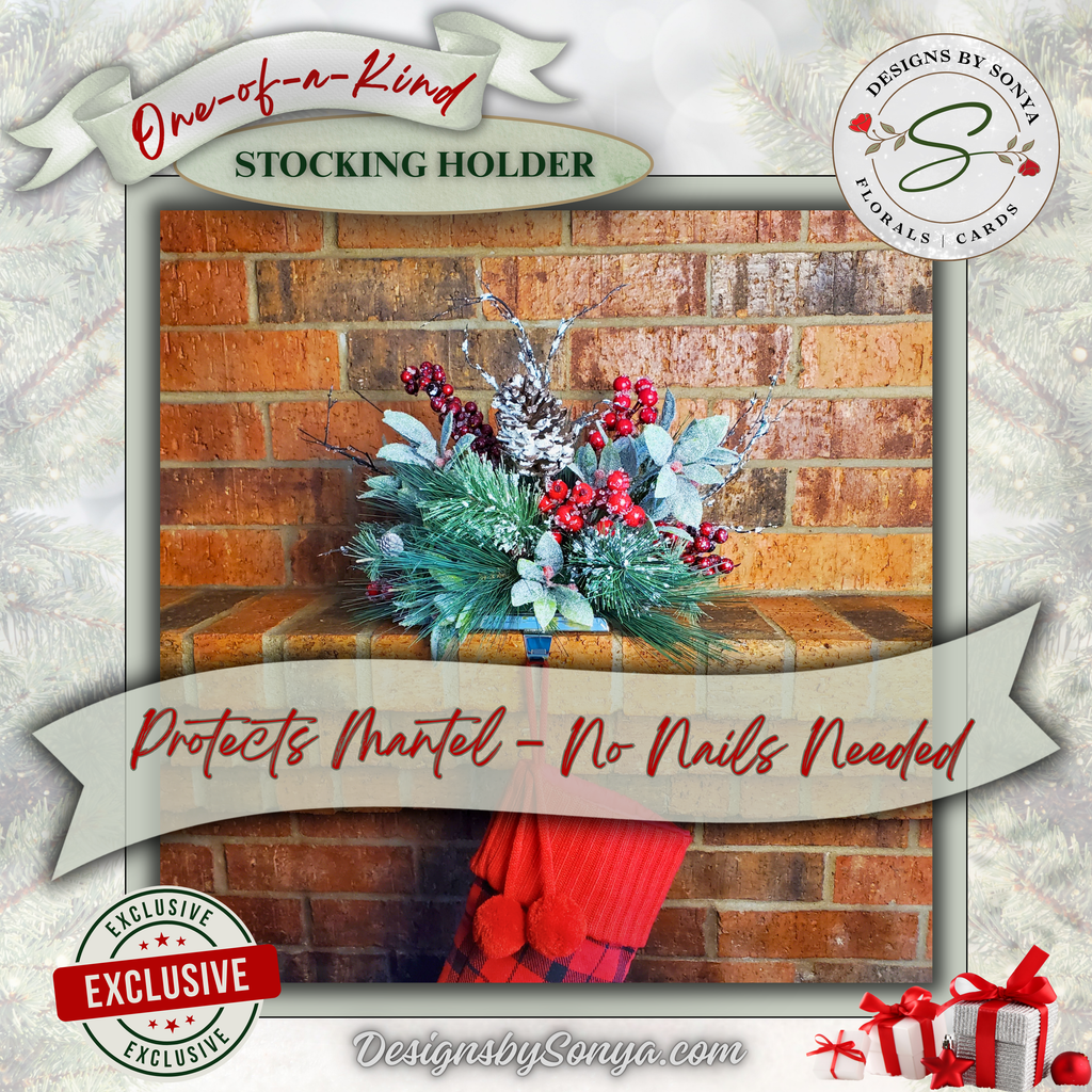 Protects Mantel Feature
Stocking holder displayed on a brick fireplace mantel, highlighting silver metal base with protective felt pads. Elegant pinecone and greenery design adds Christmas charm without nails or damage.