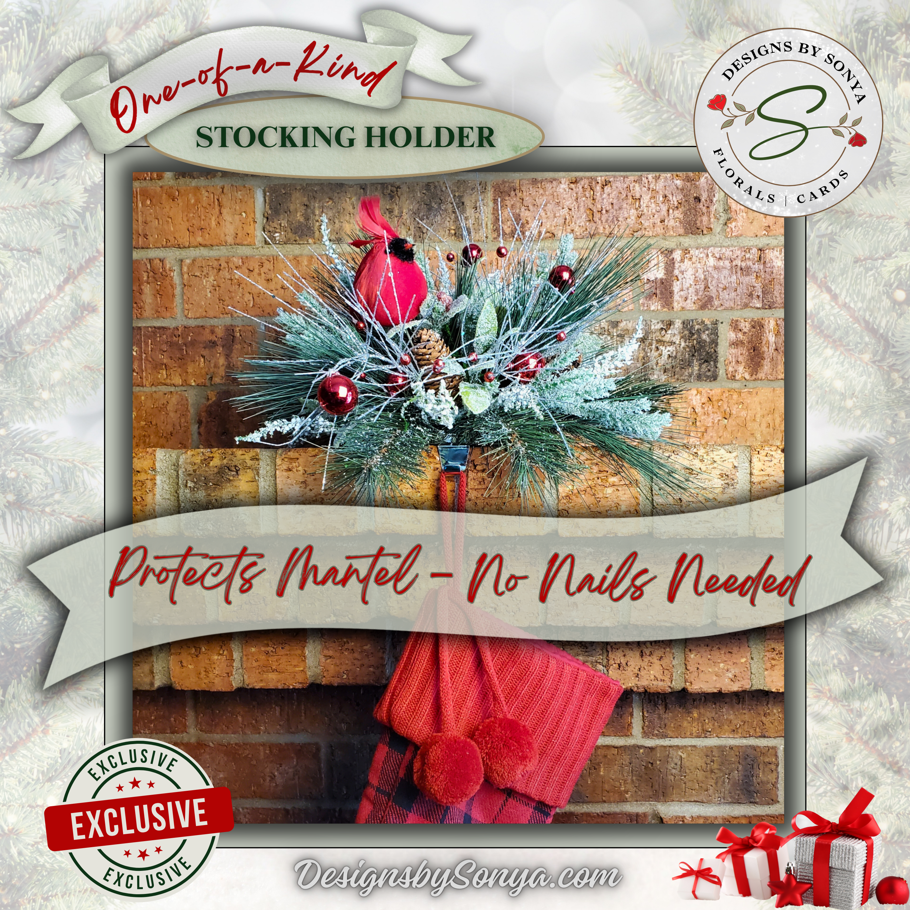 Protects Mantel No Nails Needed
Cardinal stocking holder on brick mantel, protecting surfaces without nails. Functional memorial décor piece combining practicality with holiday remembrance symbolism.