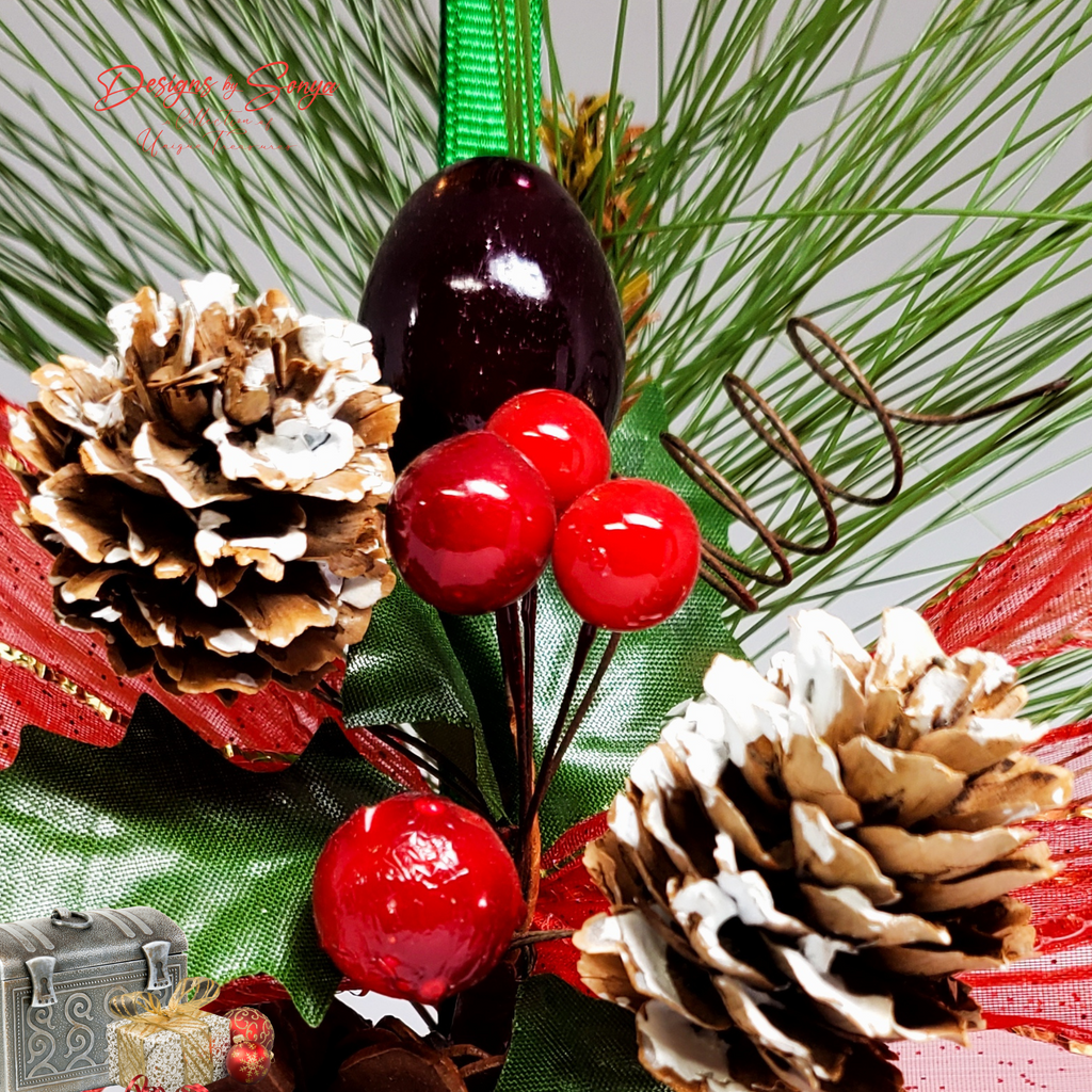 Macro Detail of Berries Cluster and Pinecones
Close-up of red berry cluster with frosted pinecones, holiday greenery, and ribbon bow on a natural pinecone ornament for festive rustic Christmas decorating.