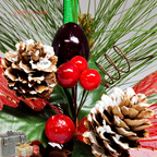 Macro Detail of Berries Cluster and Pinecones
Close-up of red berry cluster with frosted pinecones, holiday greenery, and ribbon bow on a natural pinecone ornament for festive rustic Christmas decorating.