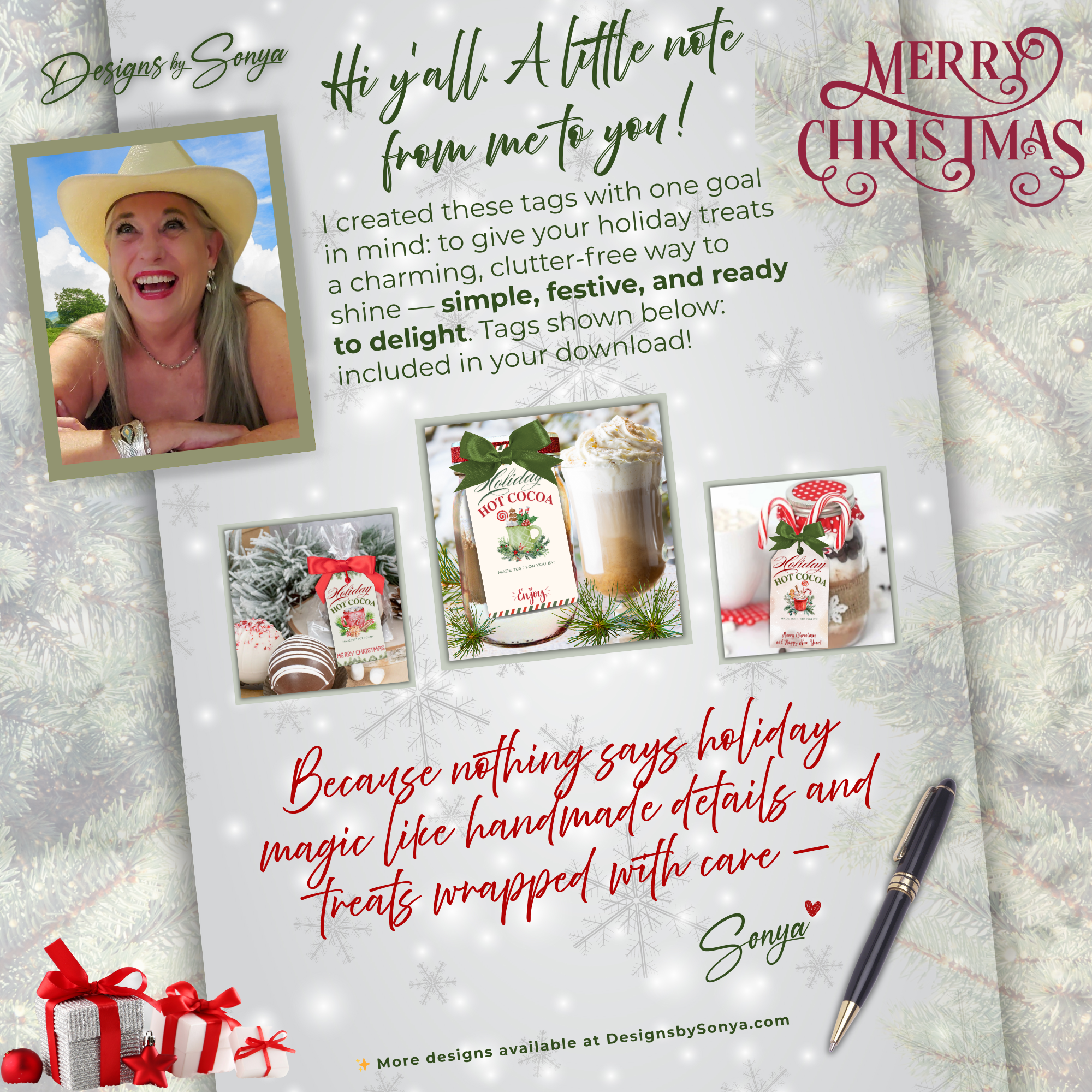 Personal Note from the Designer with Gift Tag Examples
Designer’s personal message with examples of holiday hot cocoa gift tags in use on festive gifts and jars.