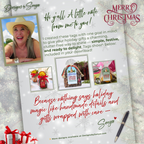 Designer Introduction and Product Display
Holiday simmering potpourri tag designs displayed with photo of designer Sonya. Includes jars and gift bags showcasing red, blue, and green festive tags for handmade holiday gifts.