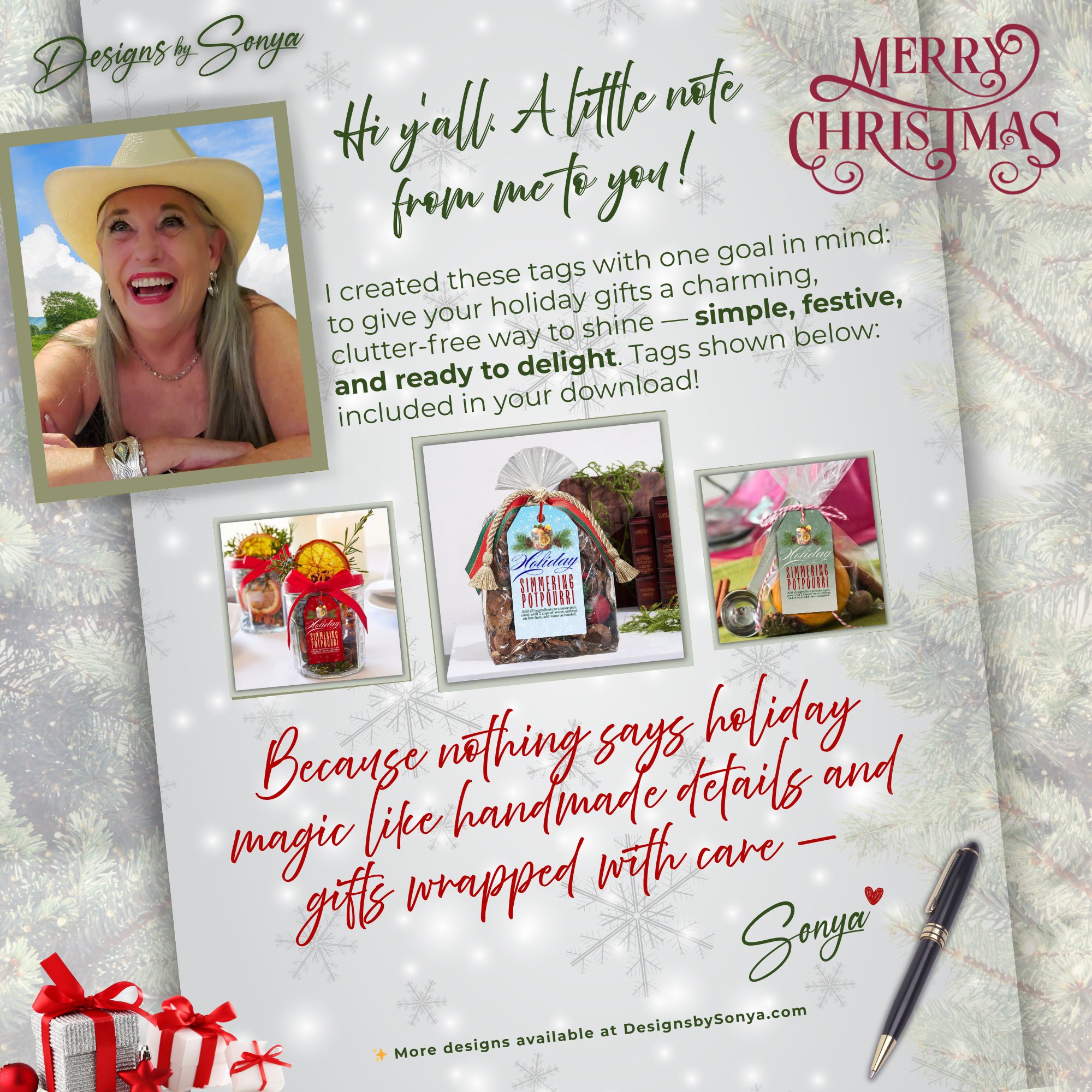 Designer Introduction and Product Display
Holiday simmering potpourri tag designs displayed with photo of designer Sonya. Includes jars and gift bags showcasing red, blue, and green festive tags for handmade holiday gifts.