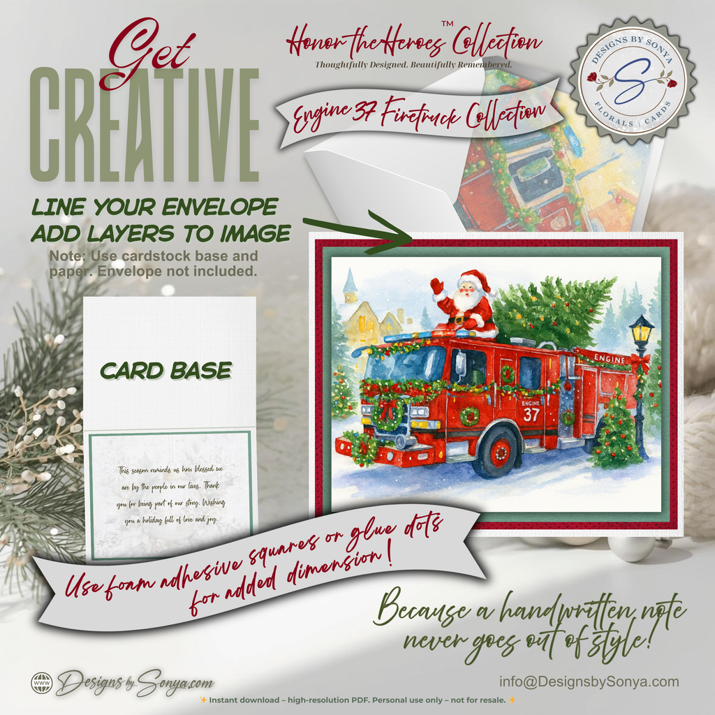 Engine 37 Firetruck Printable Christmas Note Cards | Set of 6 A2 - 5.5"x4.25"| Honor the Firefighter and First Responder Heroes