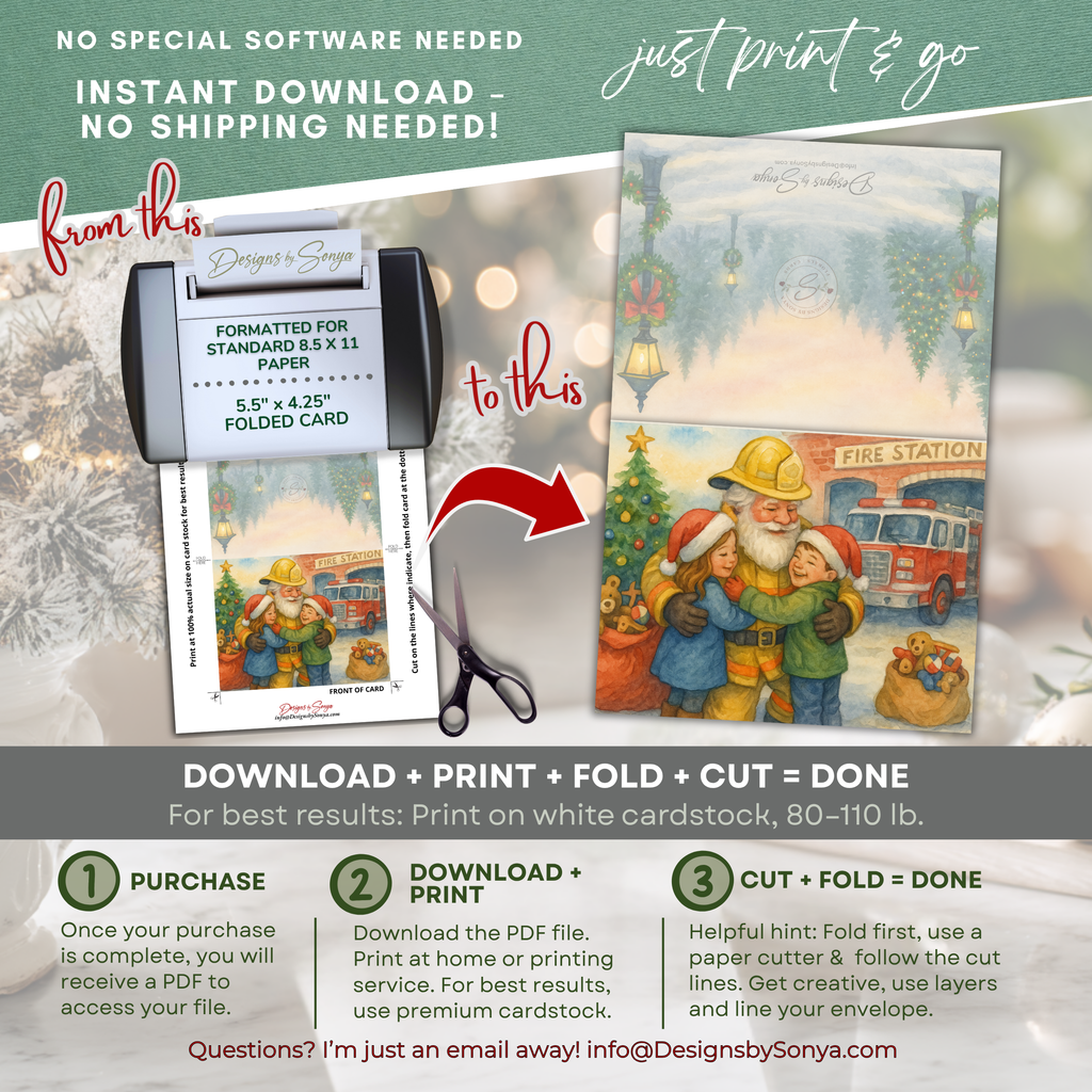 Printable Firefighter Santa Christmas Card Set of 12, A2 Cards (5.5”x4.25”), First Responder Holiday Greetings, Fire Station Watercolor Art