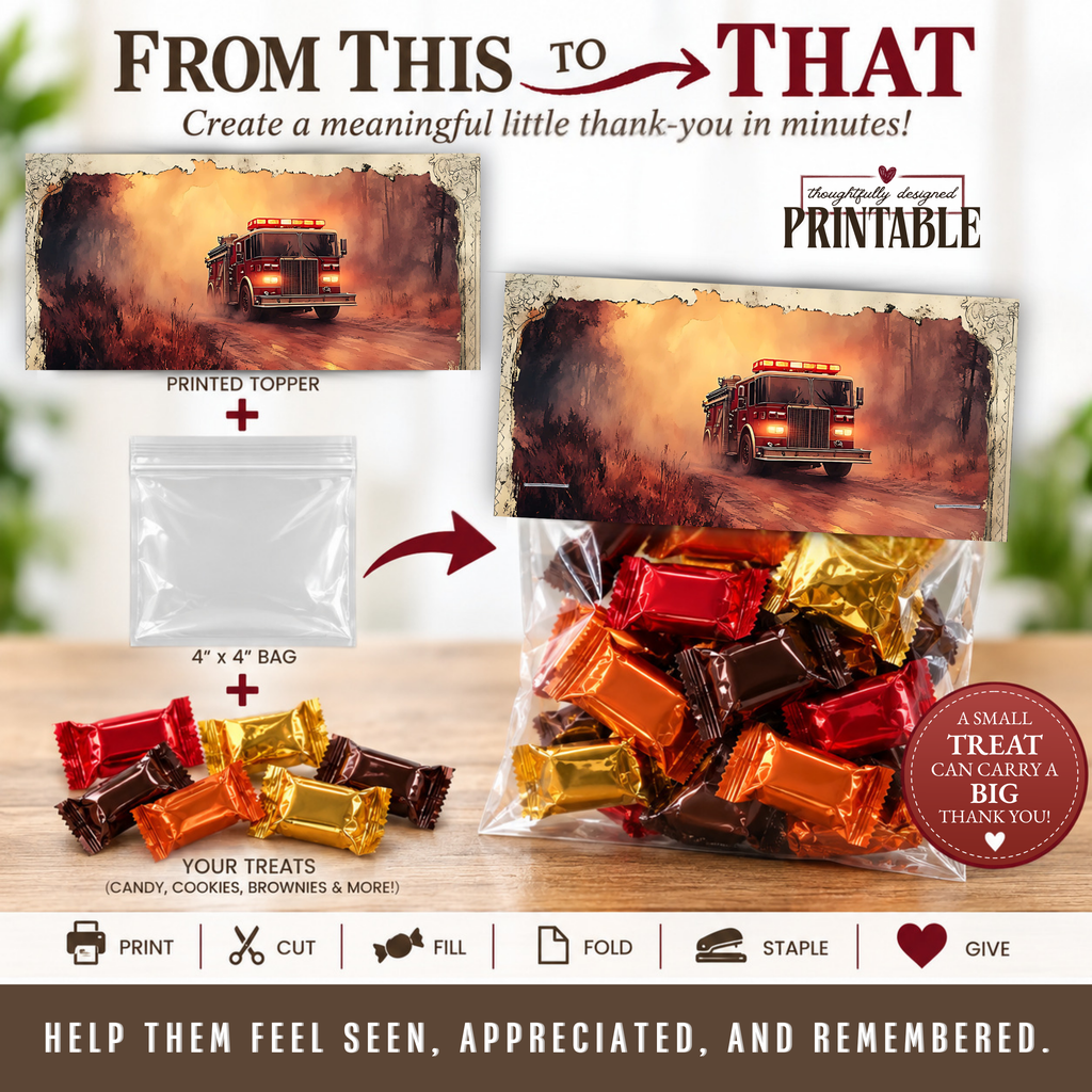 Printable Firefighter Treat Bag Topper, First Responder Appreciation Gift, Fire Department Thank You Favor, 4x4 Bag Printable
