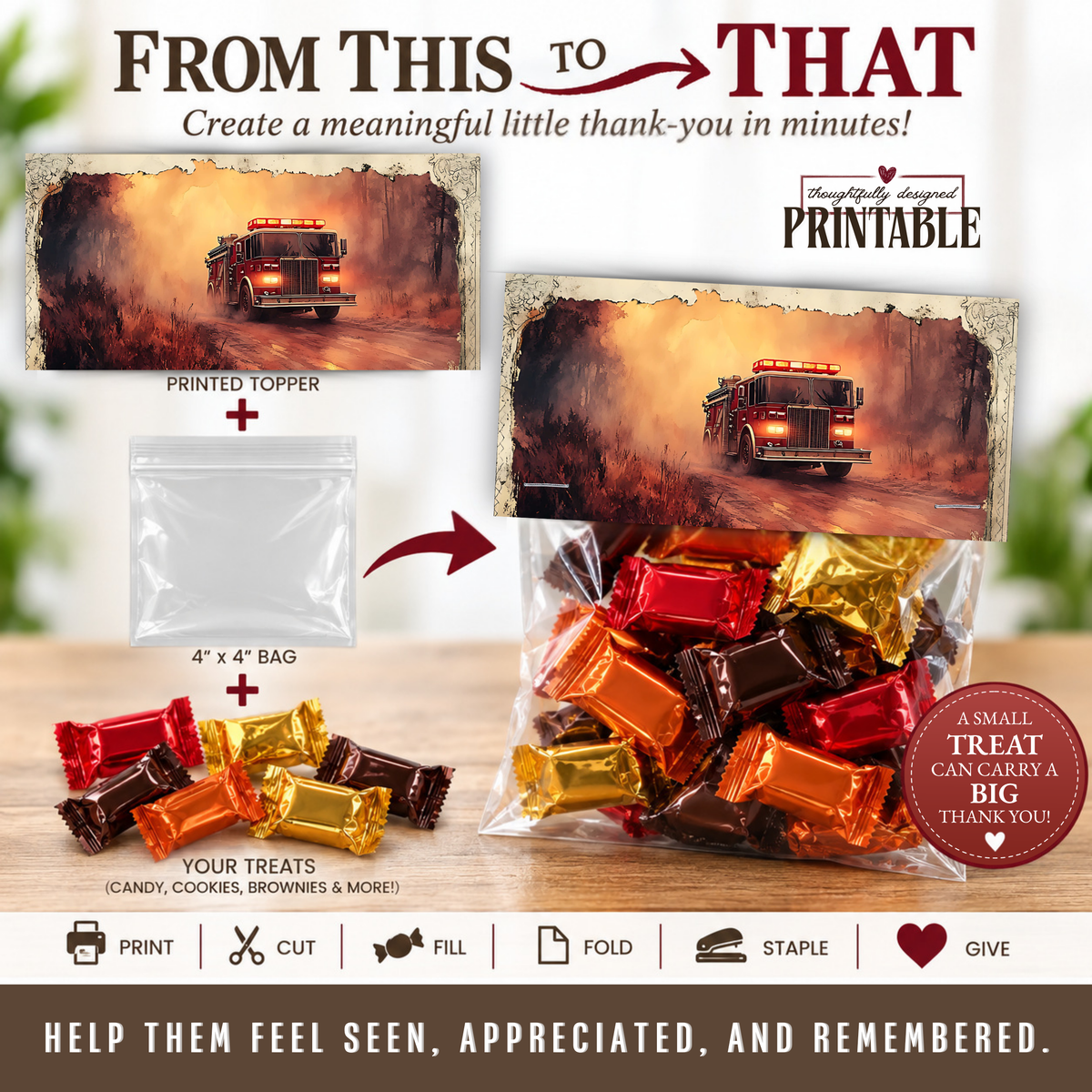 Printable Firefighter Treat Bag Topper, First Responder Appreciation Gift, Fire Department Thank You Favor, 4x4 Bag Printable