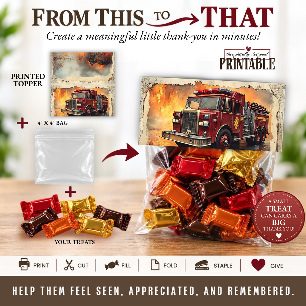 Printable Firefighter Treat Bag Topper, Fire Department Appreciation Gift, First Responder Thank You Favor, Firefighter Gift Bag Printable