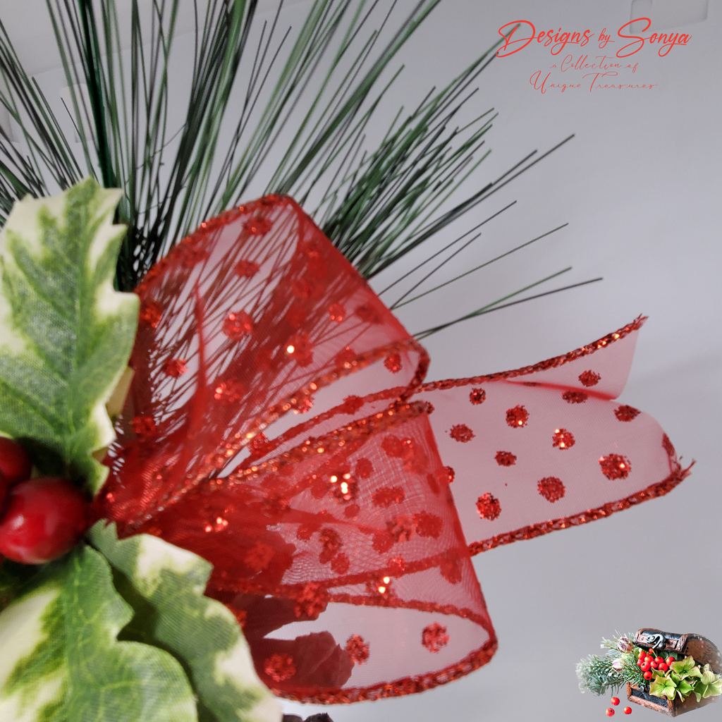 Ribbon Detail Close-Up
Detailed view of glittery red polka dot bow ribbon with wired edges, showing sparkle and quality craftsmanship.