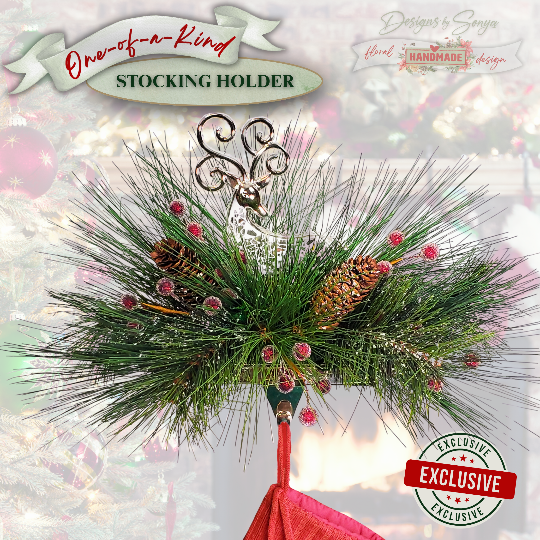 Lifestyle Closeup Reindeer Stocking Holder
Festive closeup of handmade reindeer stocking holder with frosted greenery, pinecones, and berry accents. Perfect for holiday mantel décor.