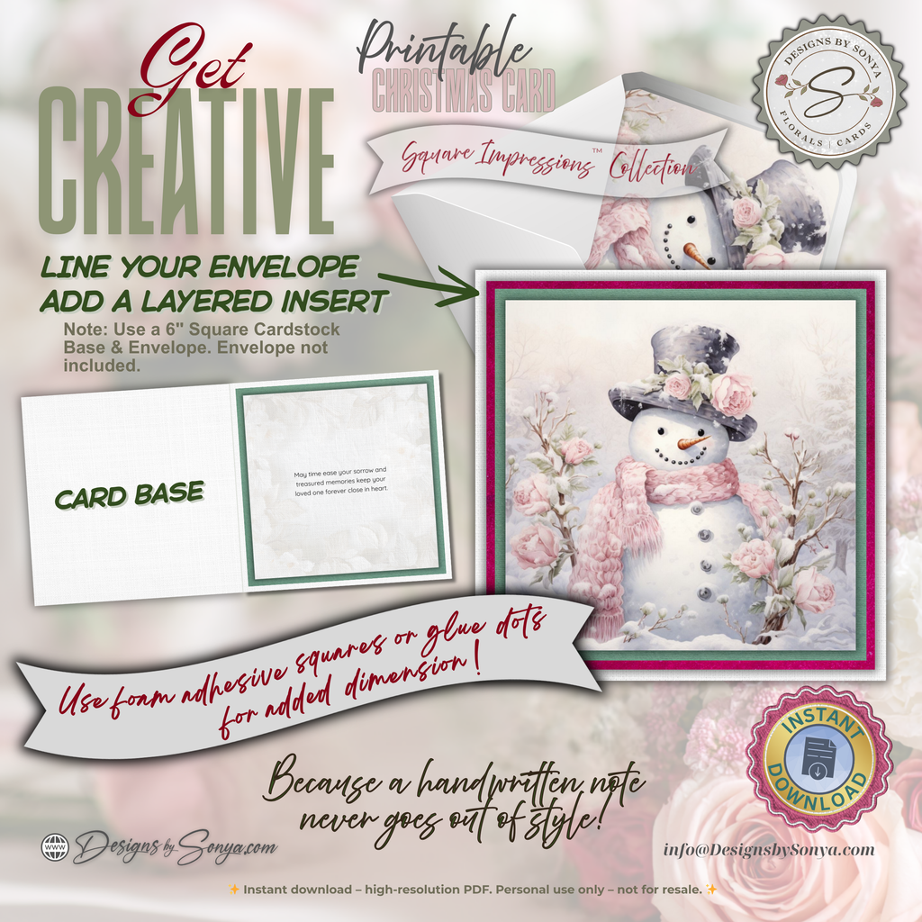 Printable Pink Snowman Christmas Card | Square Floral Holiday Card | 5.5” Square | Envelope Liner | Instant Download | Pastel Winter Note Card