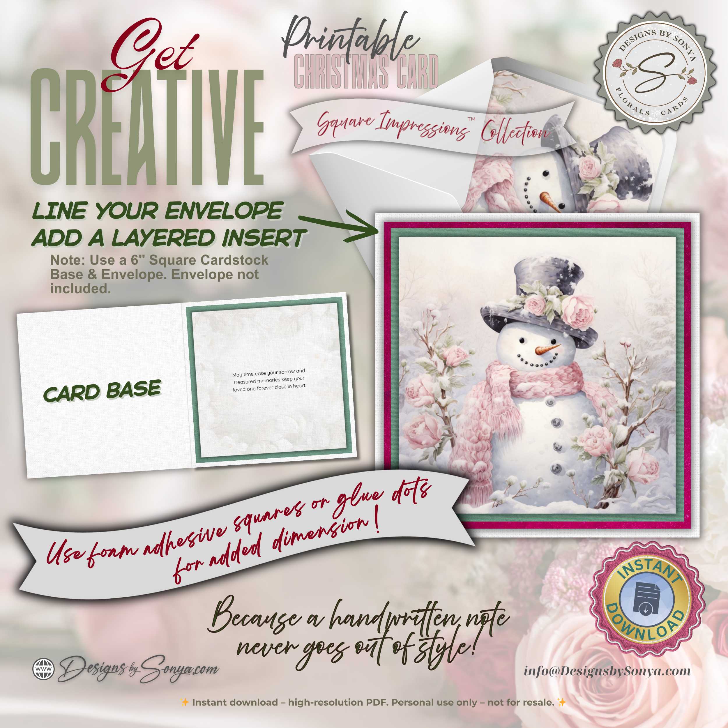Printable Pink Snowman Christmas Card | Square Floral Holiday Card | 5.5” Square | Envelope Liner | Instant Download | Pastel Winter Note Card