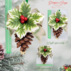 Size Reference Composite (11 x 8 approx.)
Pinecone ornament shown with a ruler for scale, approximately 11 inches tall and 8 inches wide, featuring holly leaves, burlap ribbon, green hanger and gold bell.