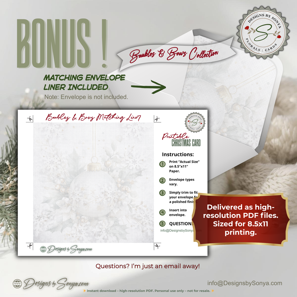 Printable Christmas Card – Watercolor Ornament with Red Bow, Holiday Greeting Card for Friends, Neighbors, Teachers, Coworkers, Family, Ministries