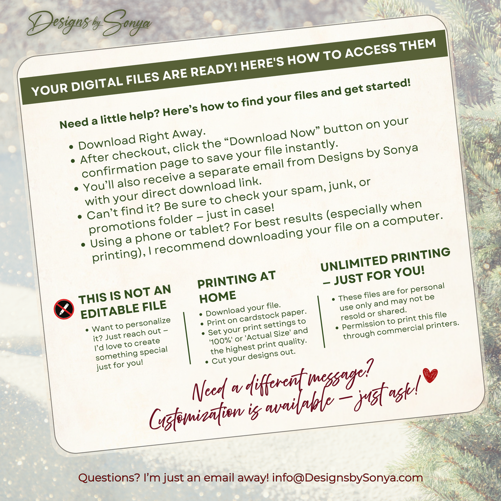 Etsy Template Instructions Printable Topper
Guide graphic explaining how to access purchased digital files, download, and print at home. Highlights ease of use and unlimited personal printing.