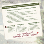 Etsy Template Instructions Printable Topper
Guide graphic explaining how to access purchased digital files, download, and print at home. Highlights ease of use and unlimited personal printing.