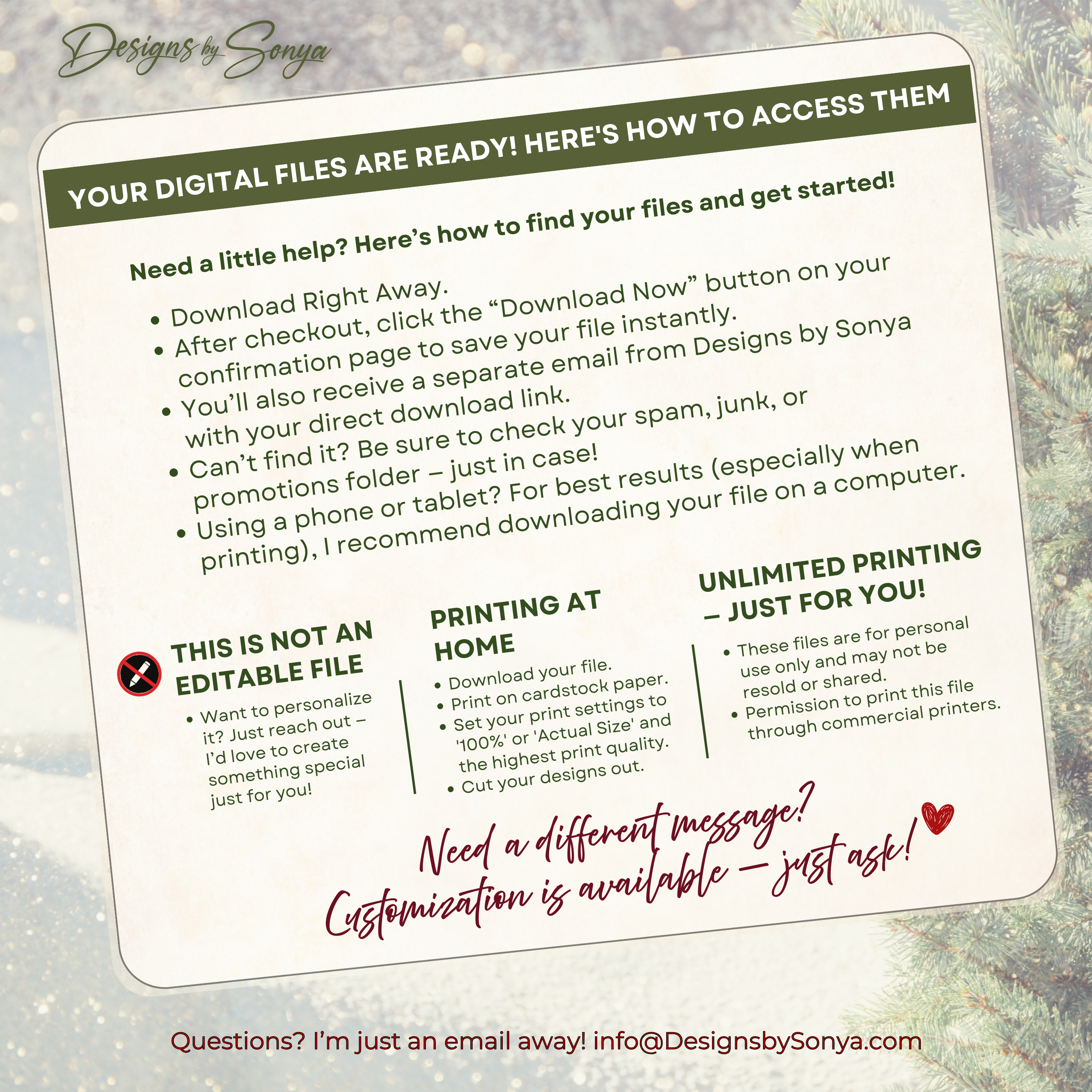 Etsy Template Instructions Printable Topper
Guide graphic explaining how to access purchased digital files, download, and print at home. Highlights ease of use and unlimited personal printing.