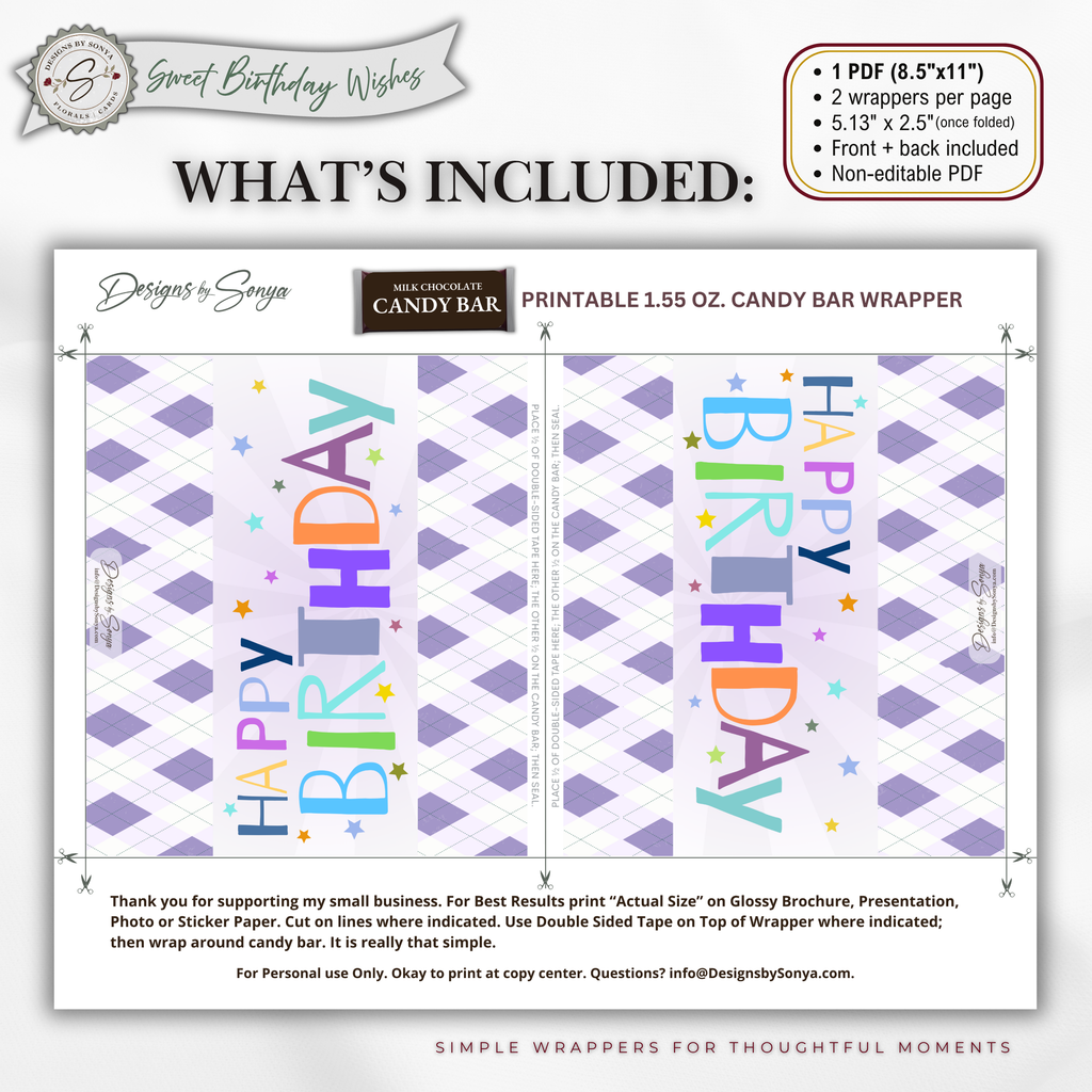 Happy Birthday Candy Bar Wrapper | Printable Birthday Party Favor | 1.55 oz Chocolate Bar