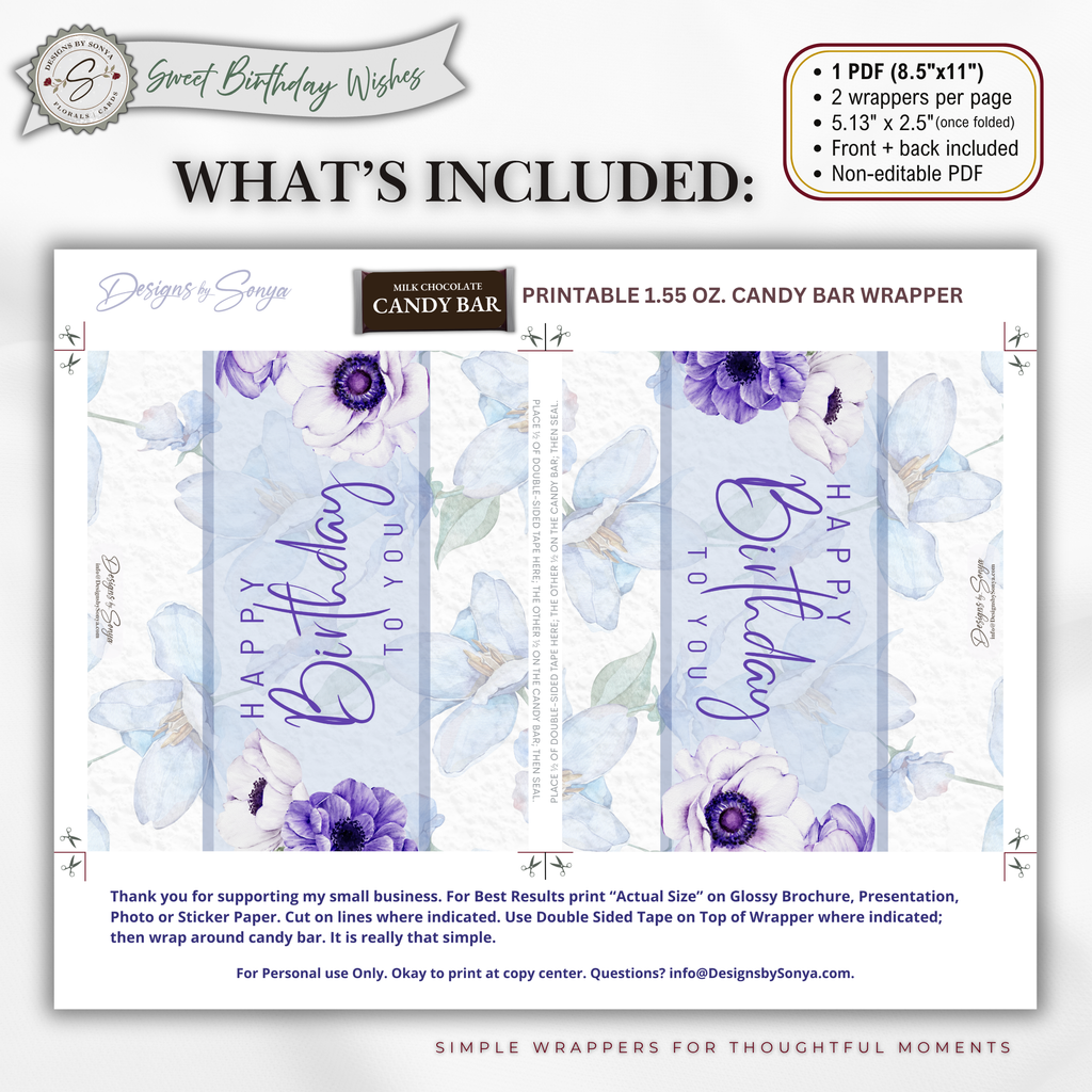 Printable Happy Birthday Candy Bar Wrapper, Blue & Purple Floral 1.55 oz Chocolate Bar Wrap, Birthday Gift for Her, Mom, Grandma & Friend