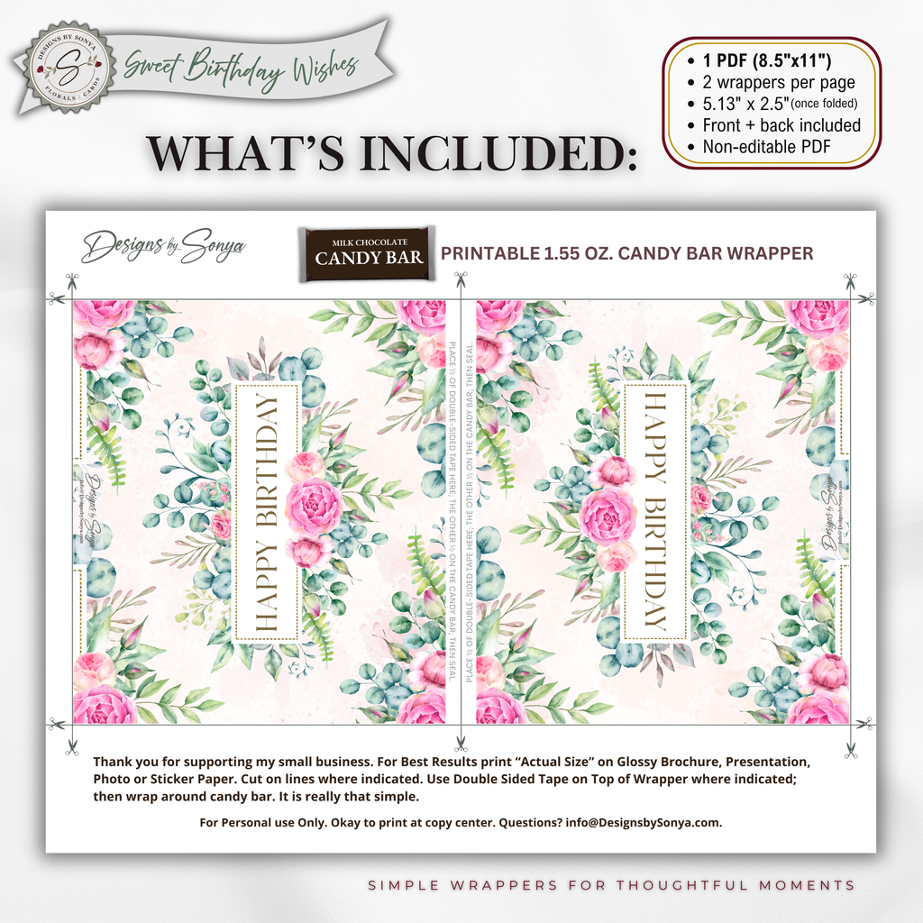 Printable Happy Birthday Candy Bar Wrapper, Pink Rose & Eucalyptus Floral 1.55 oz Chocolate Bar Wrap, Birthday Gift for Her