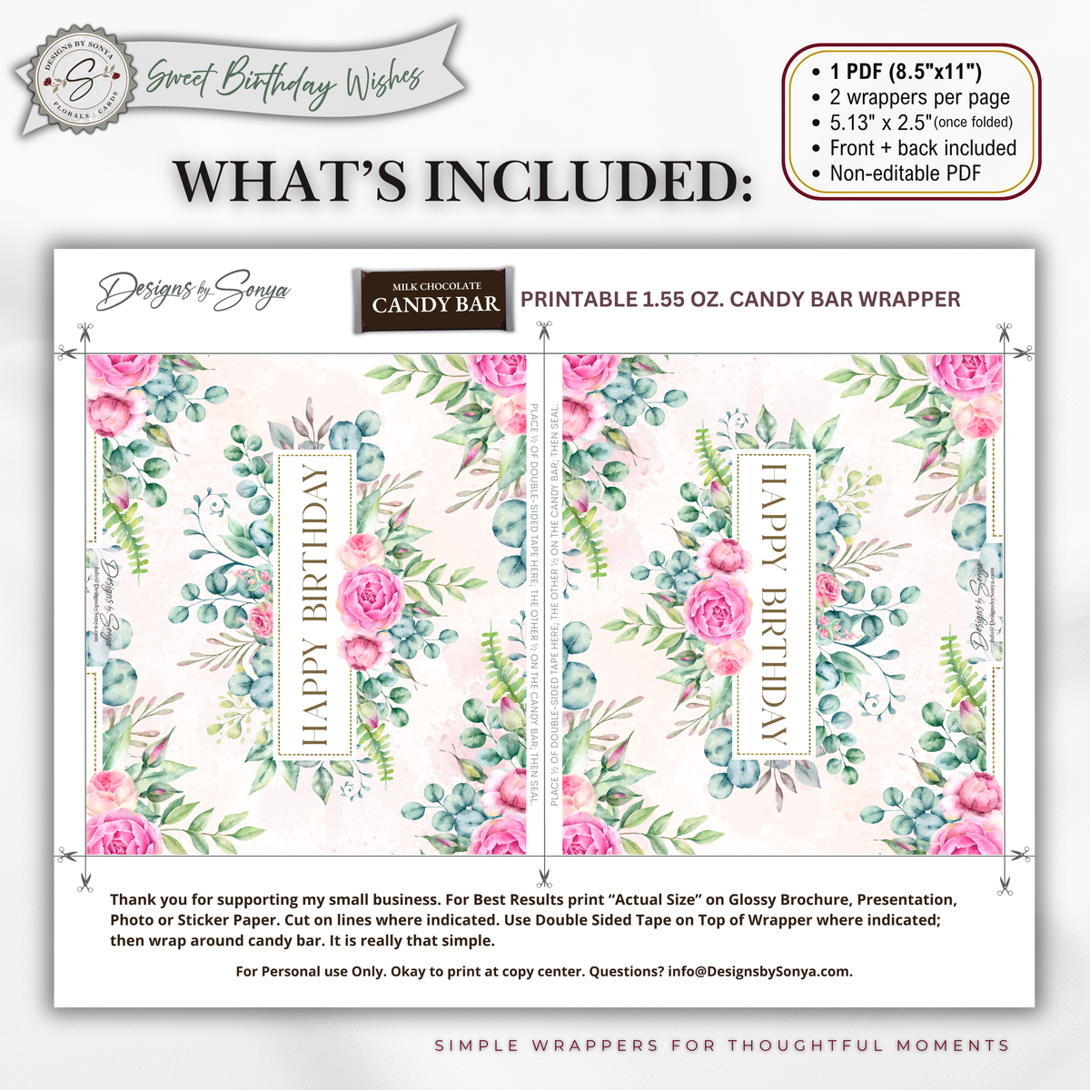 Printable Happy Birthday Candy Bar Wrapper, Pink Rose & Eucalyptus Floral 1.55 oz Chocolate Bar Wrap, Birthday Gift for Her