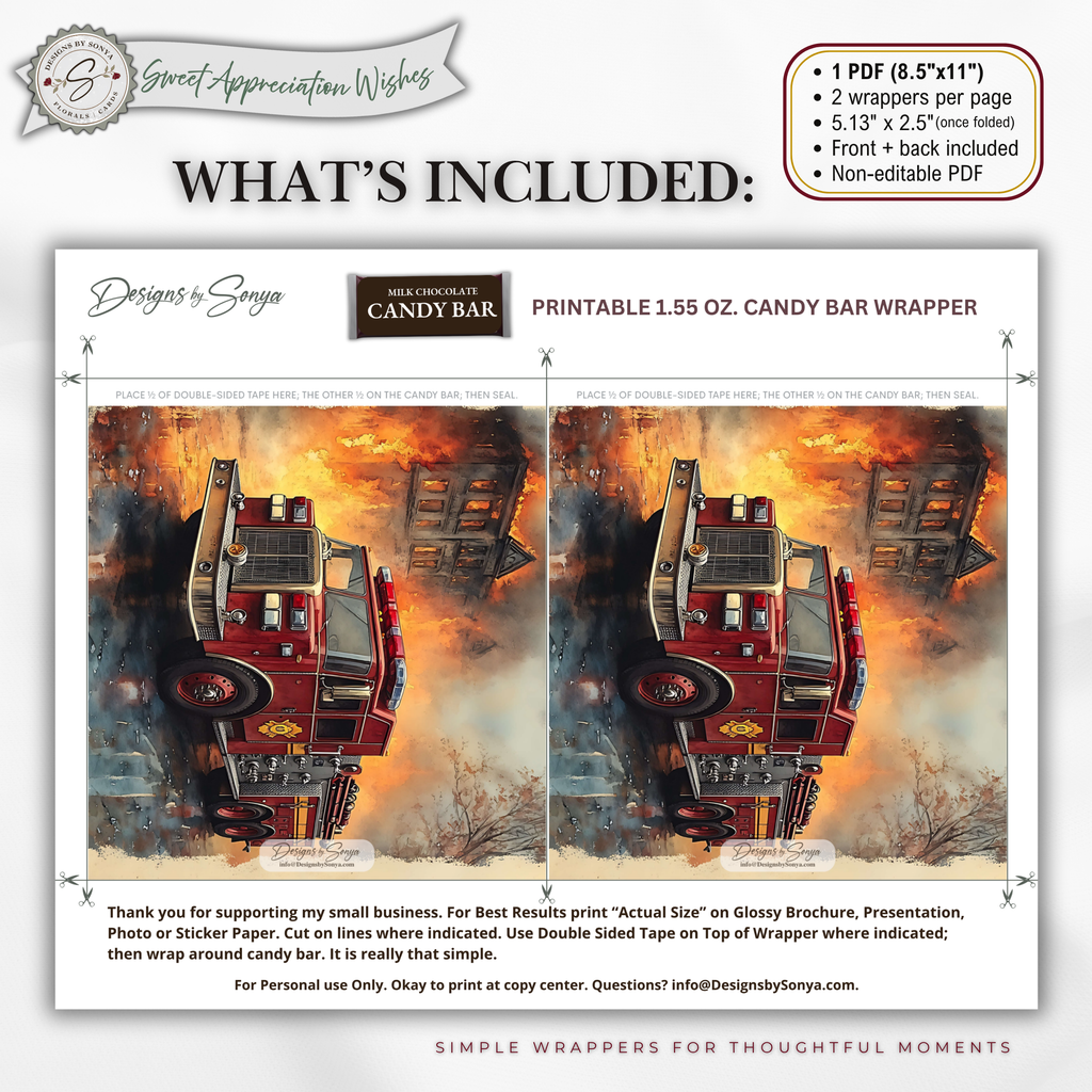Printable Firefighter Candy Bar Wrapper | Fire Truck & Fire Rescue Appreciation Gift | 1.55 oz Chocolate Bar