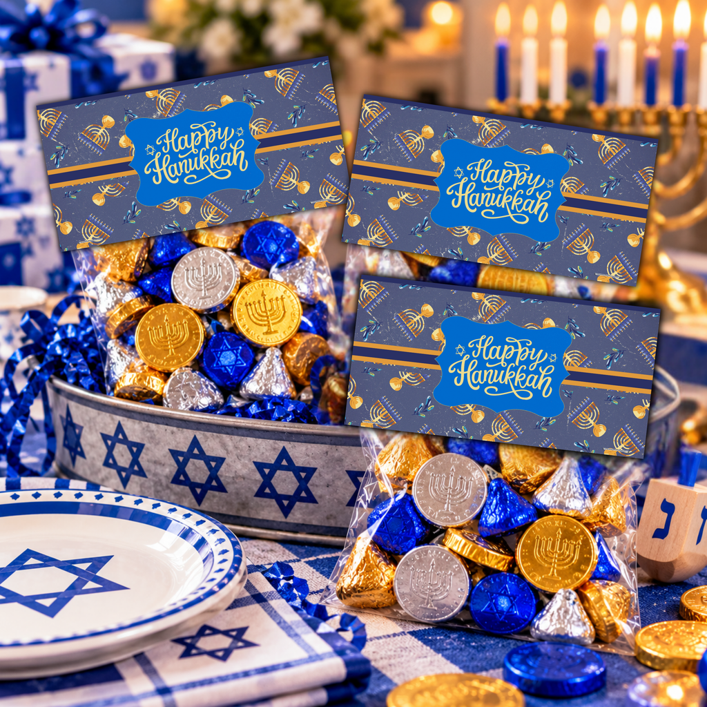 Printable Hanukkah Treat Bag Topper | Happy Hanukkah Candy Bag Topper | Navy Blue & Gold Menorah Pattern | Jewish Holiday Party Favor | 4" x 2" PDF Download
