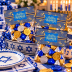 Printable Hanukkah Treat Bag Topper | Happy Hanukkah Candy Bag Topper | Navy Blue & Gold Menorah Pattern | Jewish Holiday Party Favor | 4" x 2" PDF Download