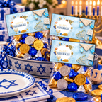 Printable Hanukkah Treat Bag Topper | Happy Hanukkah Candy Bag Topper | Menorah, Dreidels & Gifts | Jewish Holiday Party Favor | 4" x 2" PDF