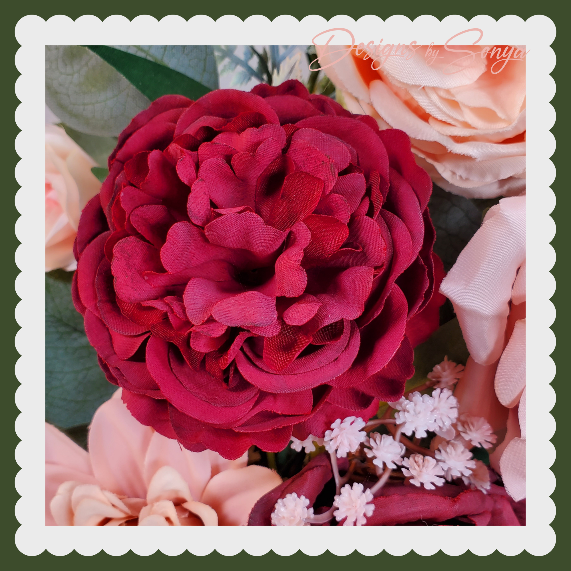 Grapevine Front Door Wreath - Country Rustic Porch, Memorial Service Handcrafted with Roses, Camellias, Dahlias, Greenery