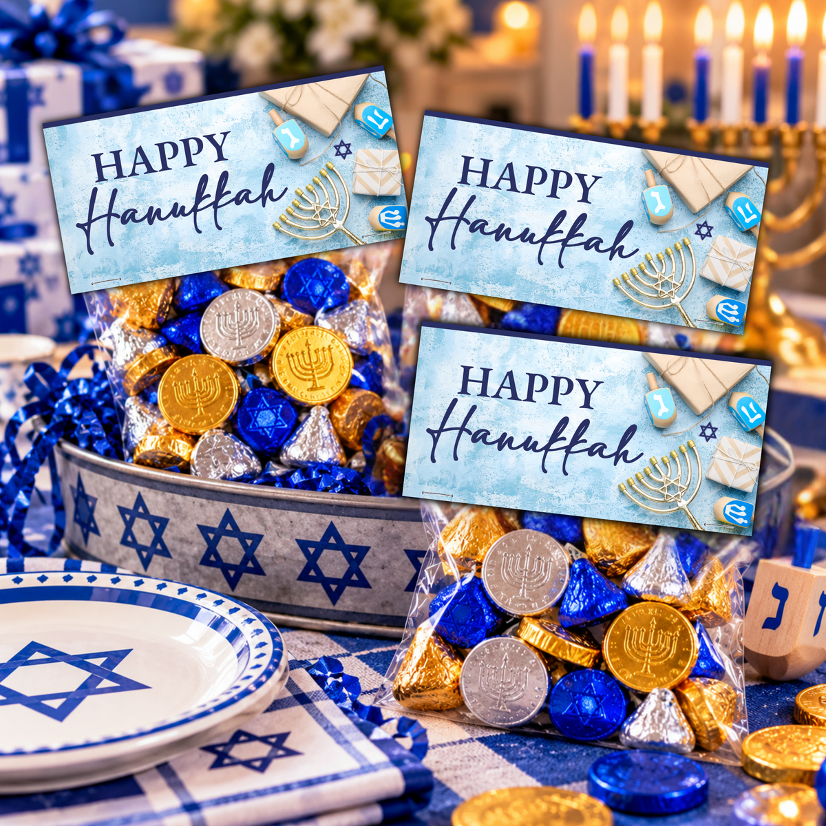Printable Hanukkah Treat Bag Topper | Happy Hanukkah Candy Bag Topper | Blue Watercolor Menorah & Dreidel Design | Jewish Holiday Party Favor | 4" x 2" PDF Download