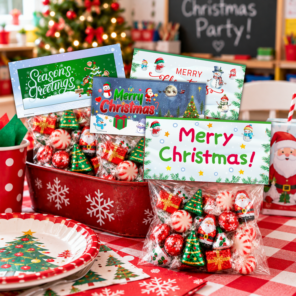 Printable Christmas Treat Bag Topper Collection | 4 Santa & Snowman Holiday Designs | Christmas Candy Bag Toppers for Classroom Parties | 4" x 2" PDF Download